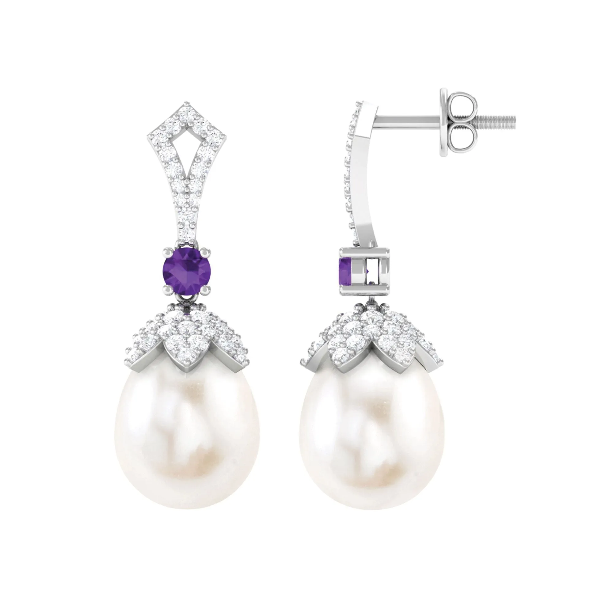 Vintage Style Freshwater Pearl Drop Earrings with Amethyst and Diamond