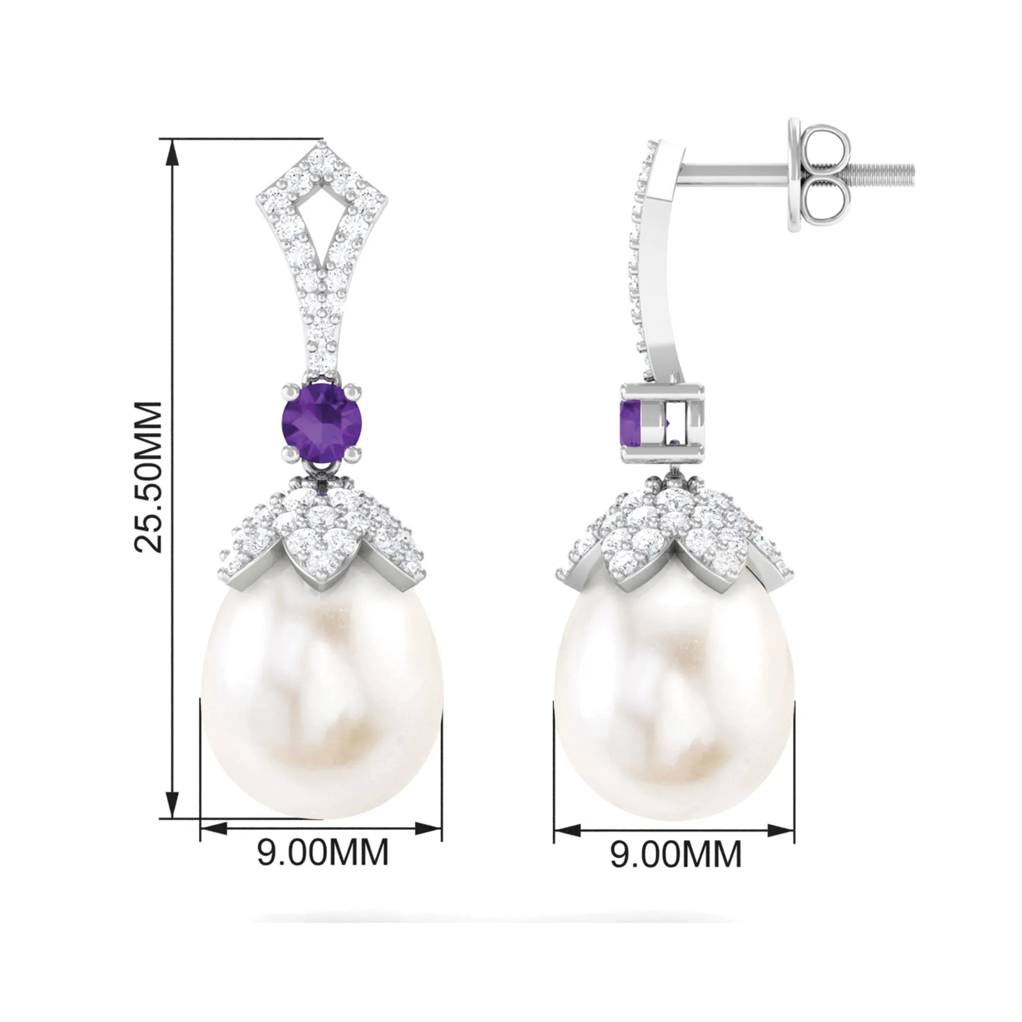 Vintage Style Freshwater Pearl Drop Earrings with Amethyst and Diamond