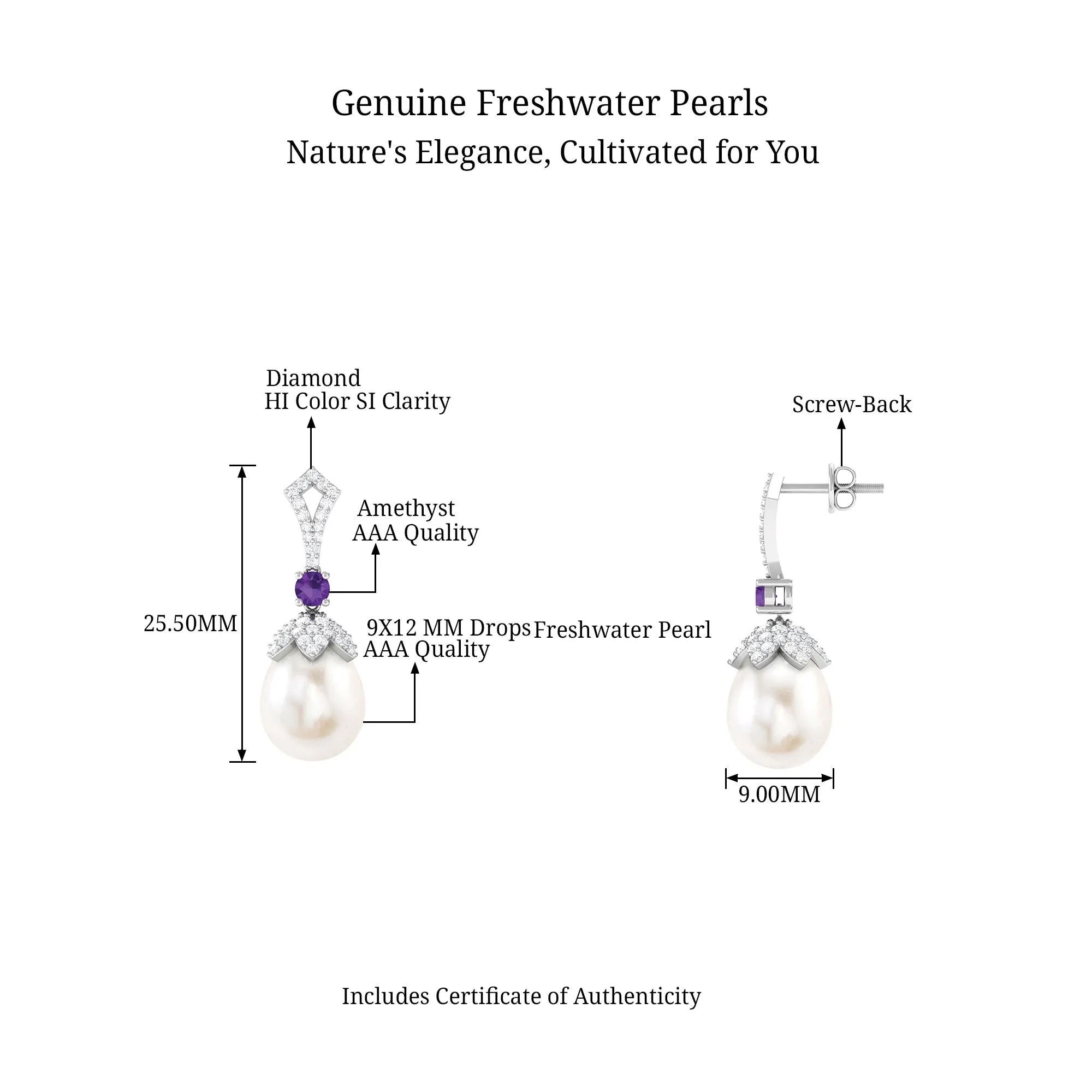 Vintage Style Freshwater Pearl Drop Earrings with Amethyst and Diamond