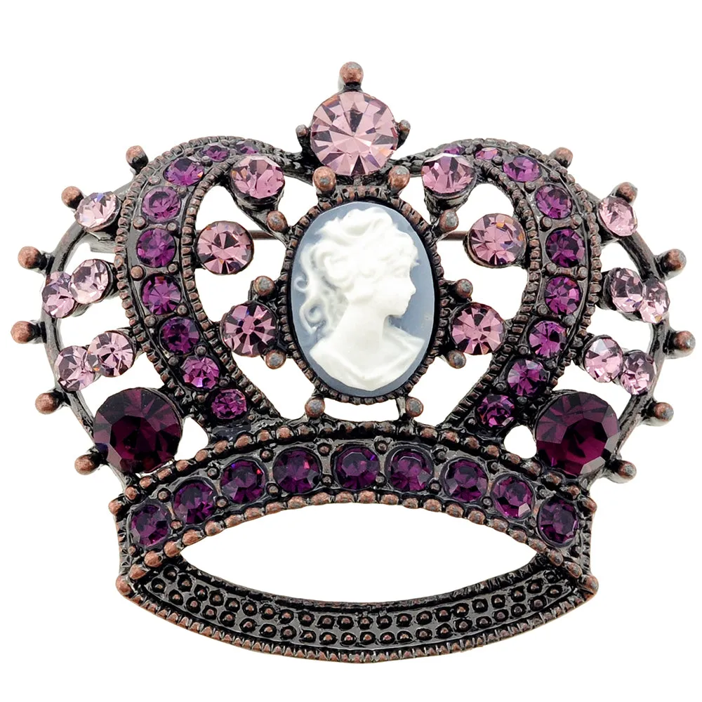 Vintage Style Purple Cameo Crown Amethyst Crystal Pin Brooch