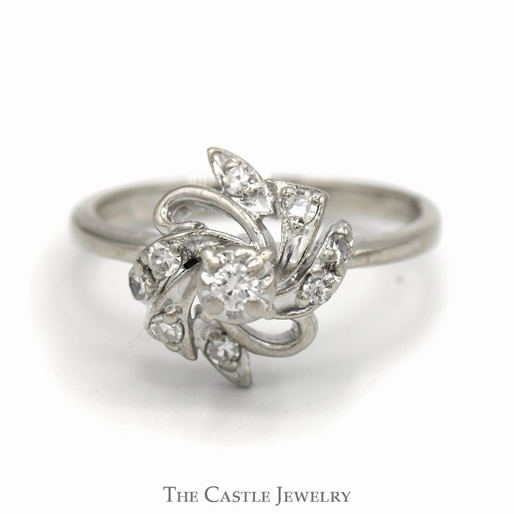 Vintage Floral Engagement Ring with Round Brilliant Cut Center & Single Cut Accents Dynamic Accent
