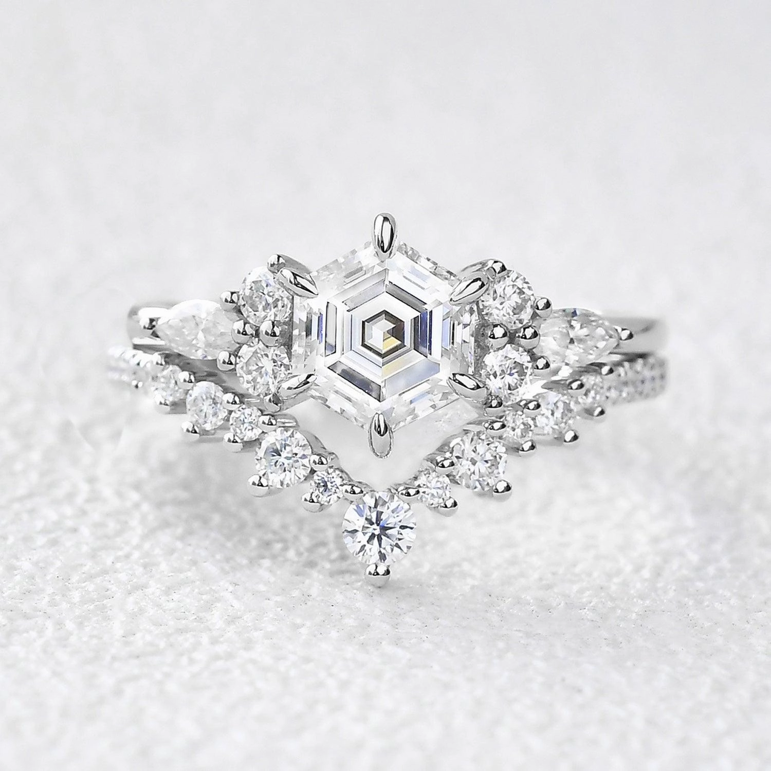 Natural Shine Vintage Hexagon Cut Moss Agate Engagement Ring Set 2pcs - Inaya