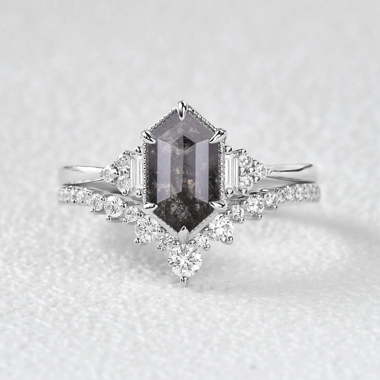 Vintage Hexagon Salt and Pepper Diamonds Ring Set 2pcs Elegant Sparkle