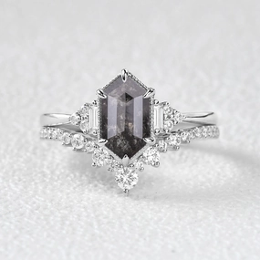 Vintage Hexagon Salt and Pepper Diamonds Ring Set 2pcs Elegant Sparkle