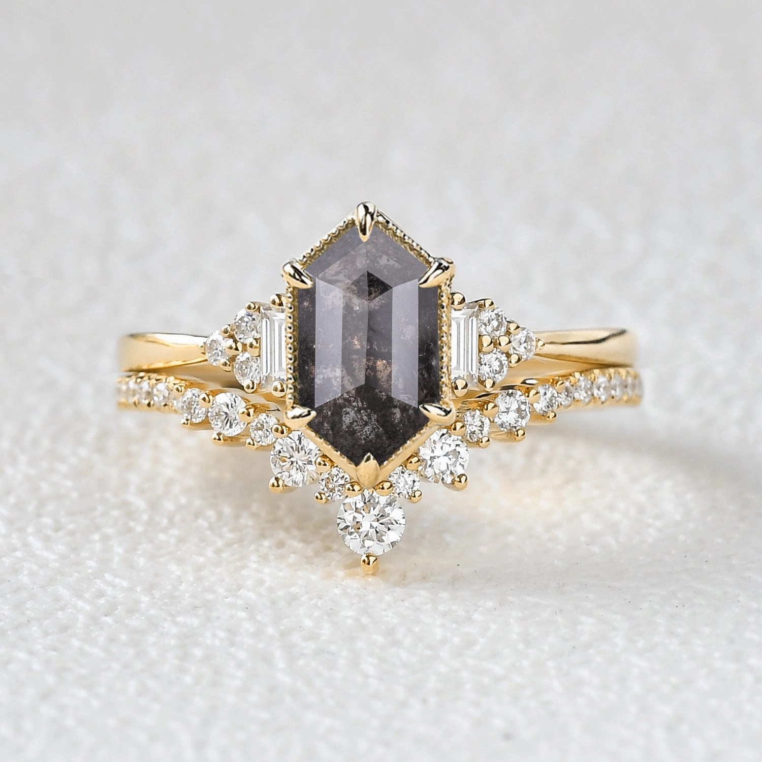 Vintage Hexagon Salt and Pepper Diamonds Ring Set 2pcs Timeless Glow