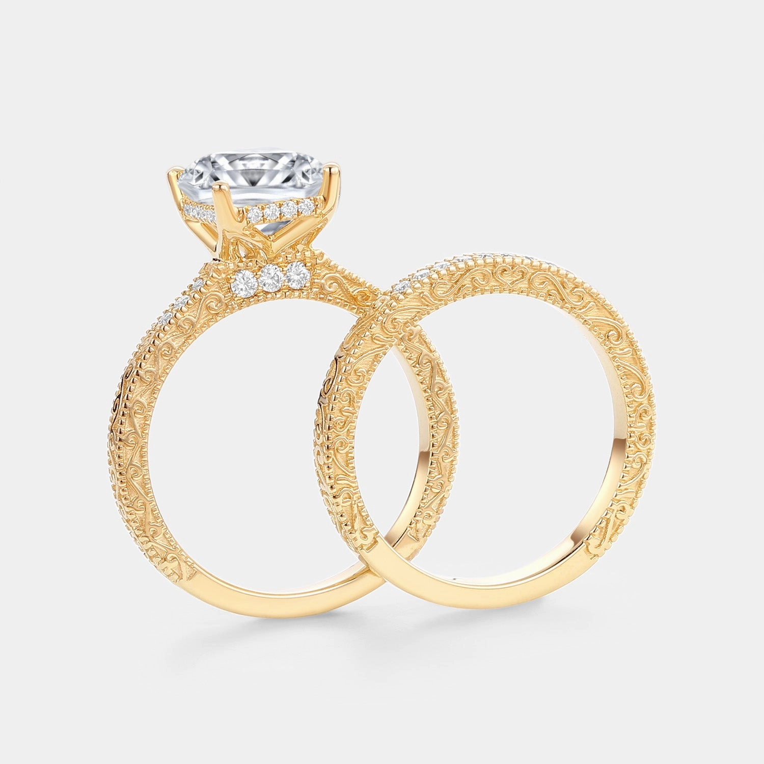 Vintage Hidden Halo Emerald Cut Engraved Lab Grown Diamond Ring Set 2pcs - Elysian exquisite design