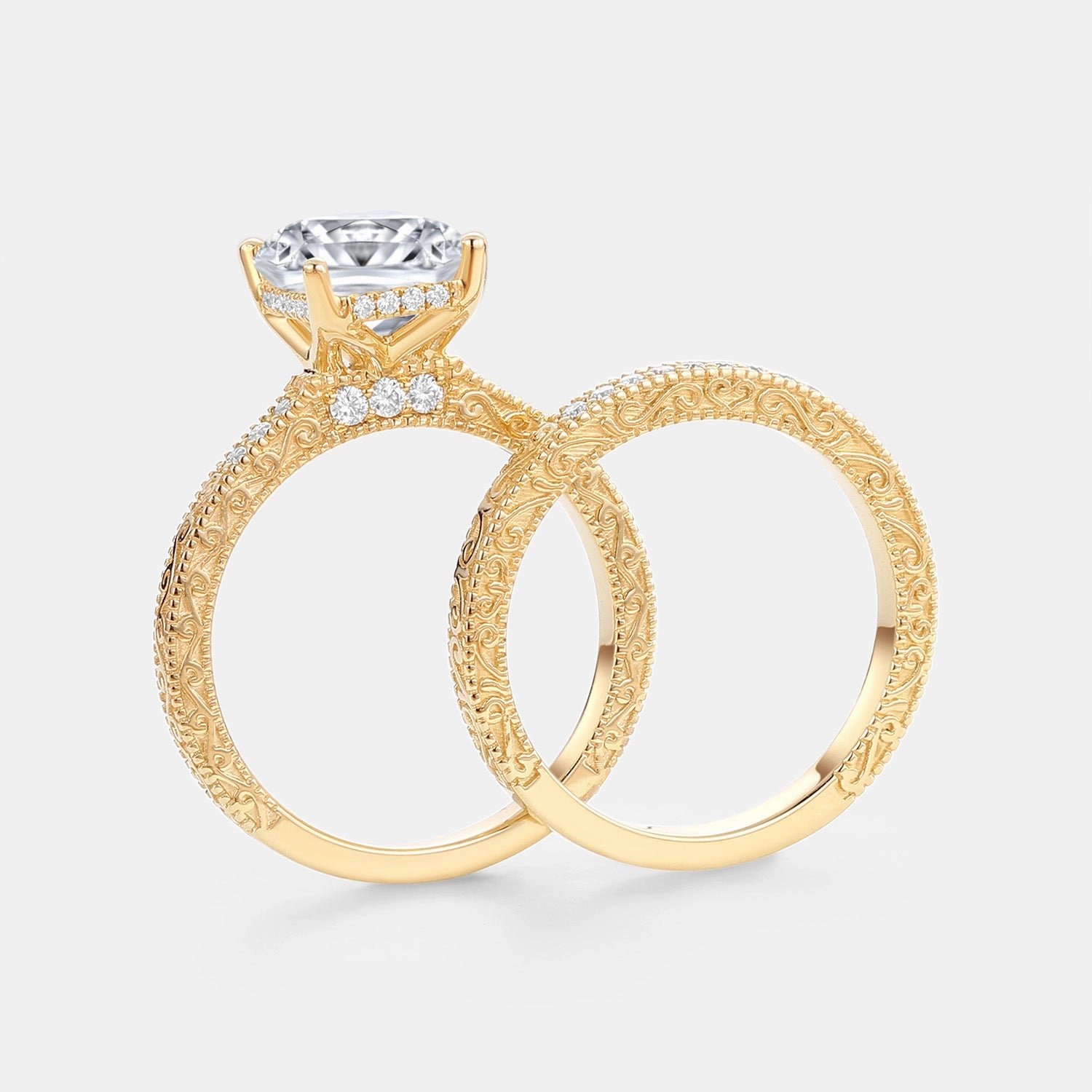 Style Upgrade Vintage Hidden Halo Emerald Cut Engraved Lab Grown Diamond Ring Set 2pcs - Elysian