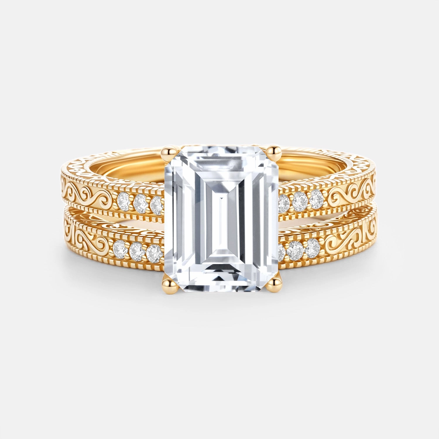 Unique Glow Vintage Hidden Halo Emerald Cut Engraved Lab Grown Diamond Ring Set 2pcs - Elysian