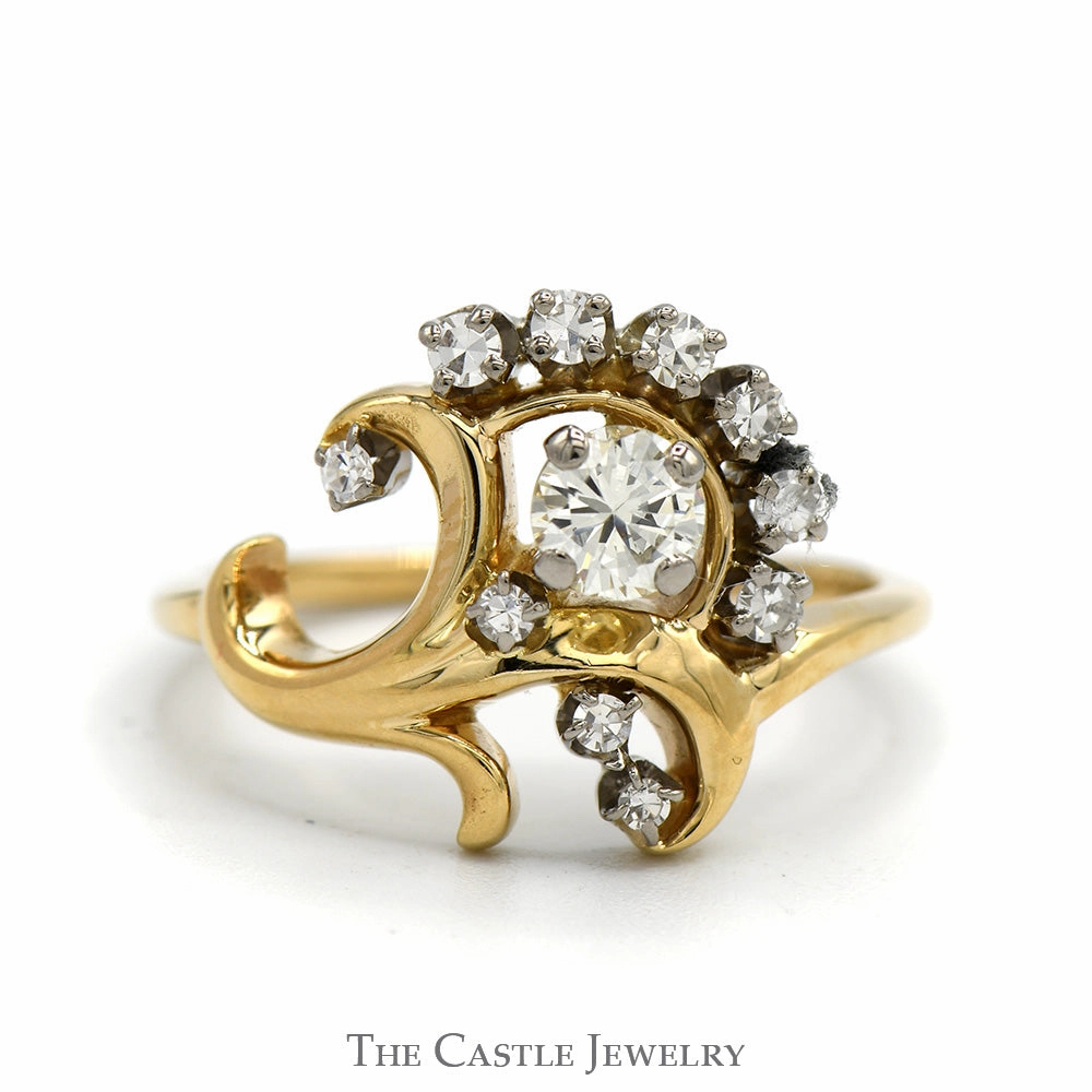 Vintage Inspired Freeform Swirled Diamond Cluster Ring in 14k Yellow Gold Artistic Decoration
