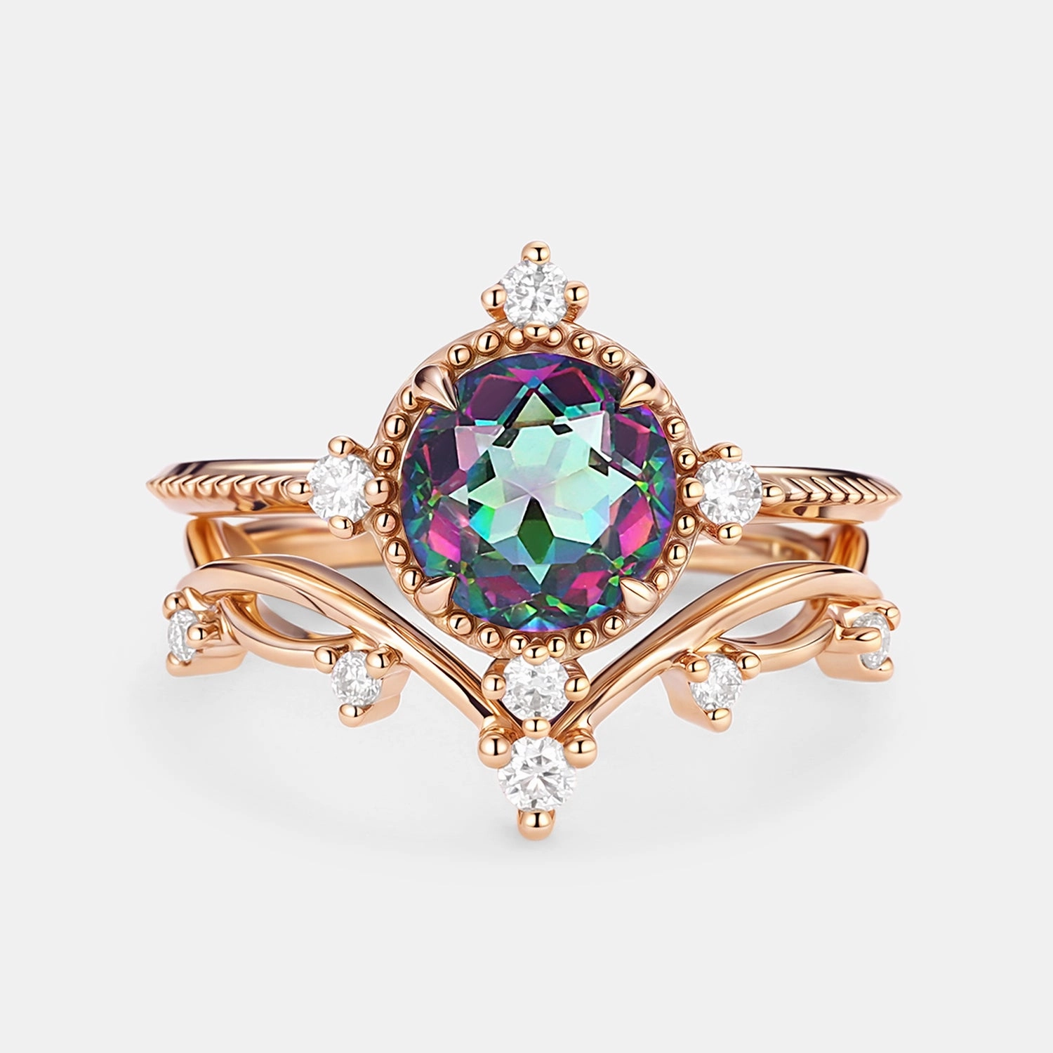 Bold Design Golden Tone Vintage Inspired Mystic Topaz & Moissanite Ring Set - Prismia