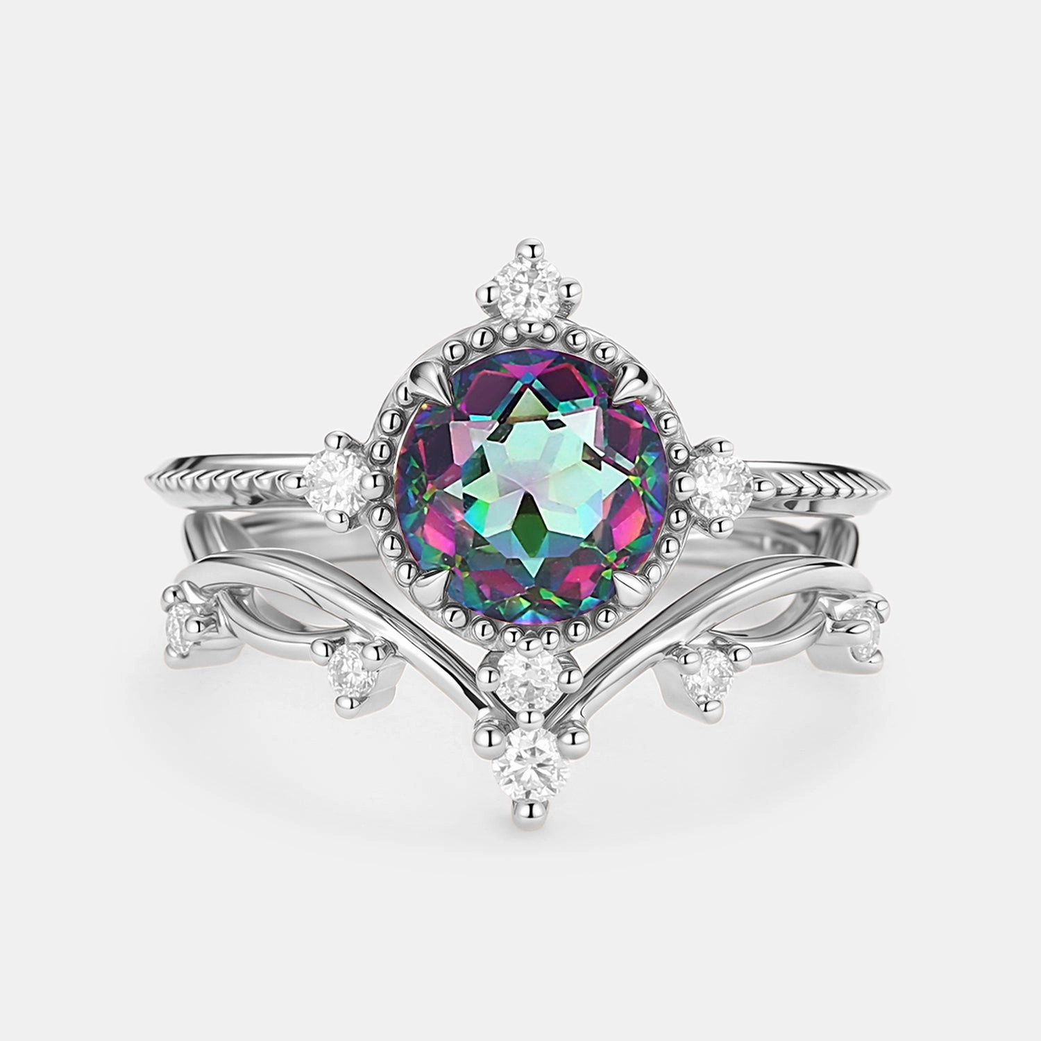 Vintage Inspired Mystic Topaz & Moissanite Ring Set - Prismia Natural Touch
