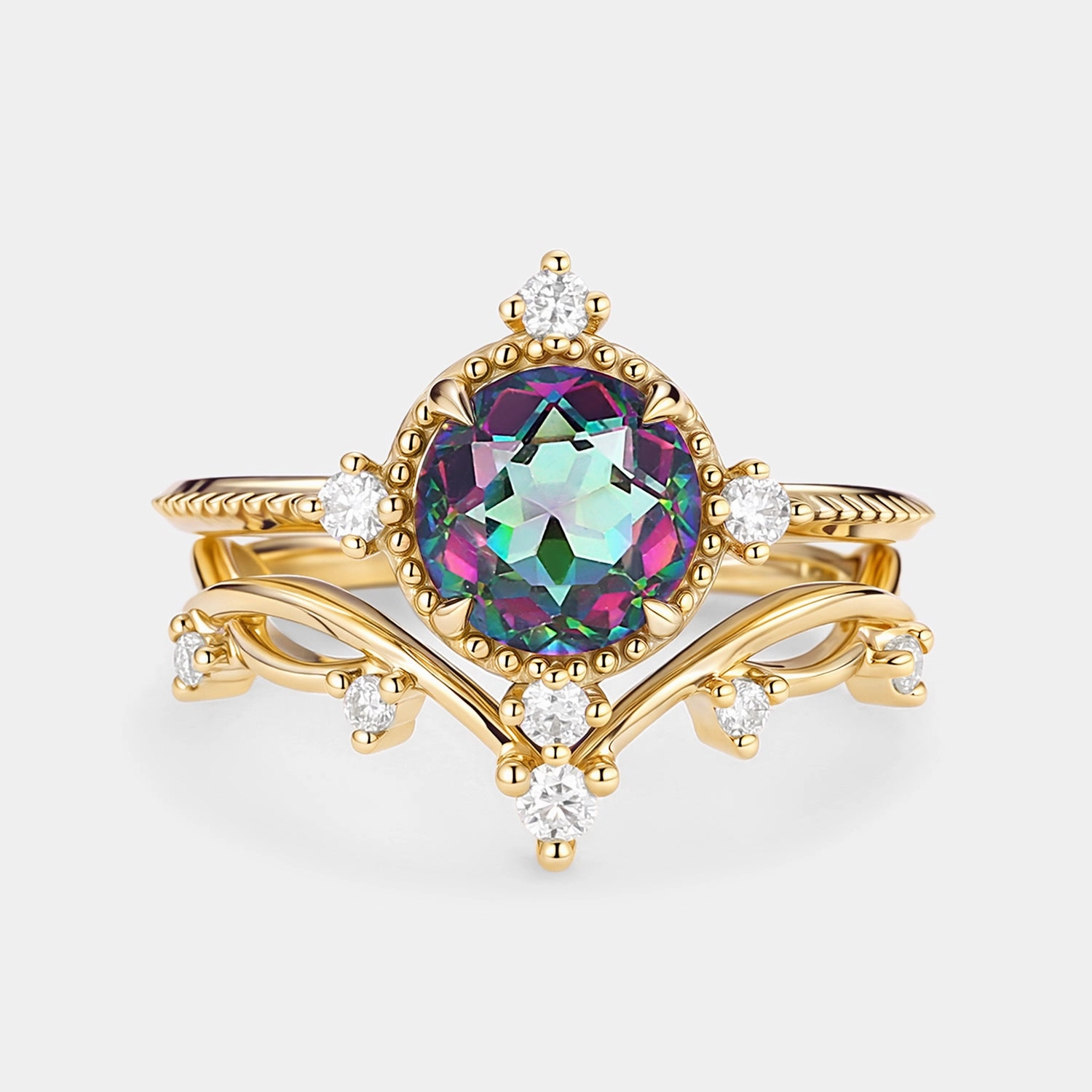 Vintage Inspired Mystic Topaz & Moissanite Ring Set - Prismia Artful Touch Pretty Pair
