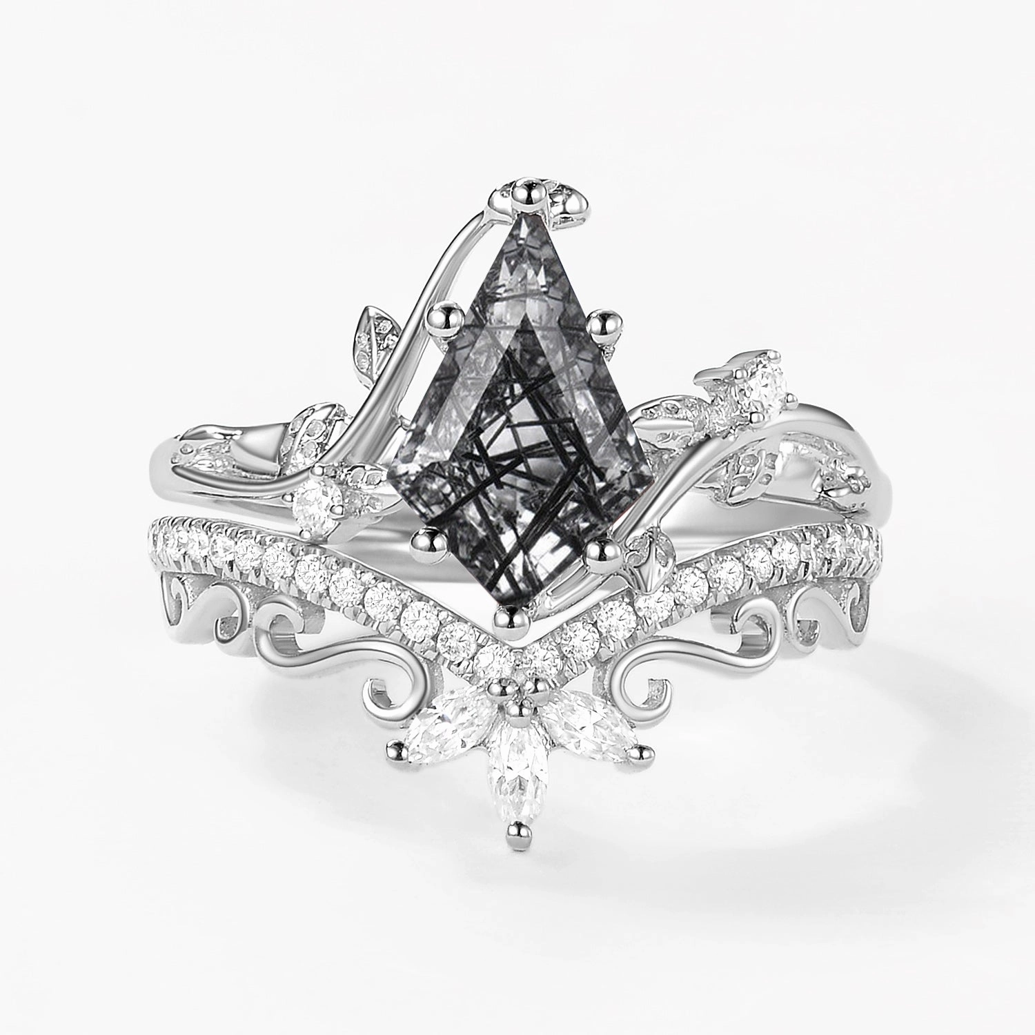 Seasonal Favorite Gleaming Finish Vintage Kite Cut Black Rutilated Quartz Engagement Ring Set 2pcs - Daniella