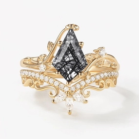 Unique Radiance High gloss Vintage Kite Cut Black Rutilated Quartz Engagement Ring Set 2pcs - Daniella