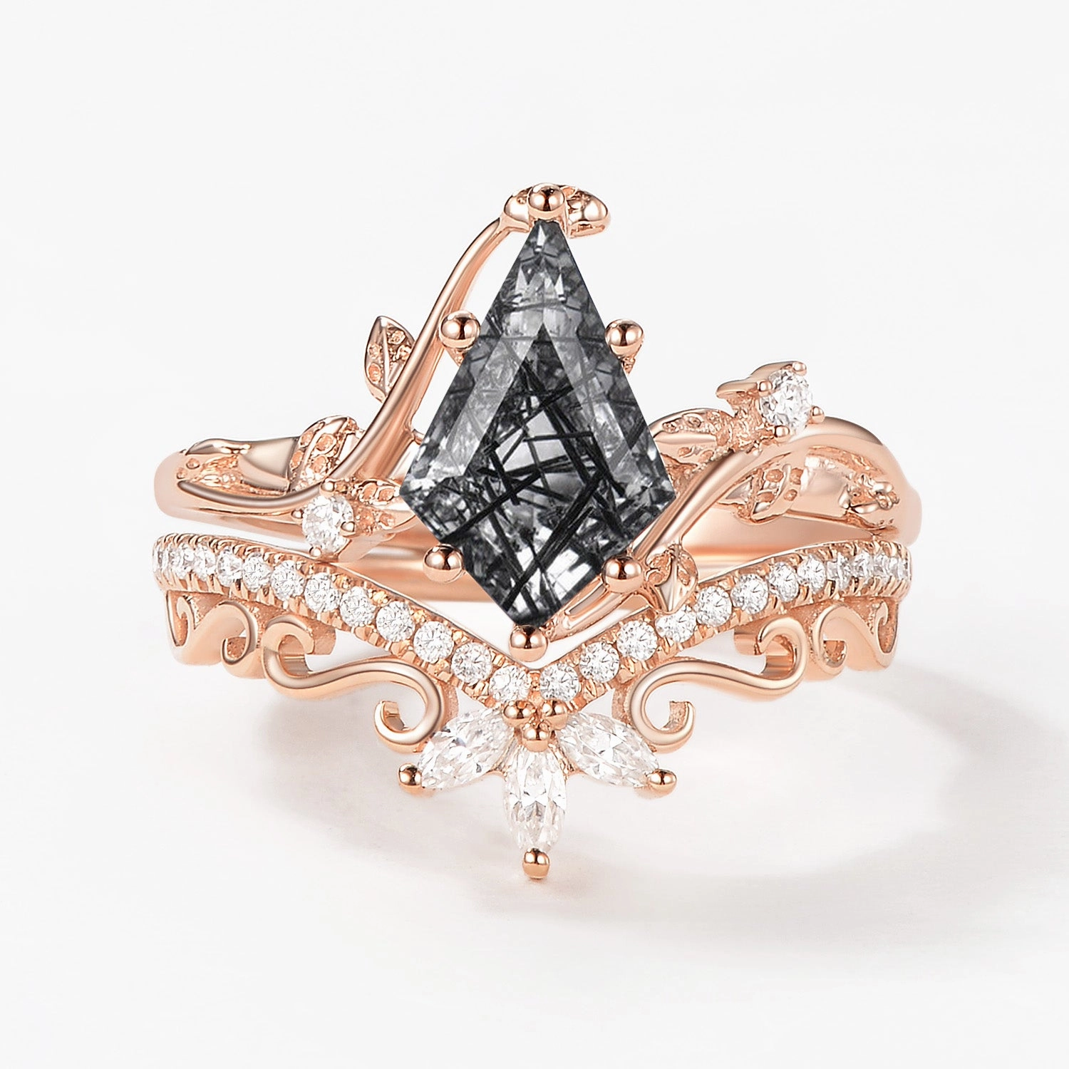 Vintage Kite Cut Black Rutilated Quartz Engagement Ring Set 2pcs - Daniella Sparkling Piece All Day Look