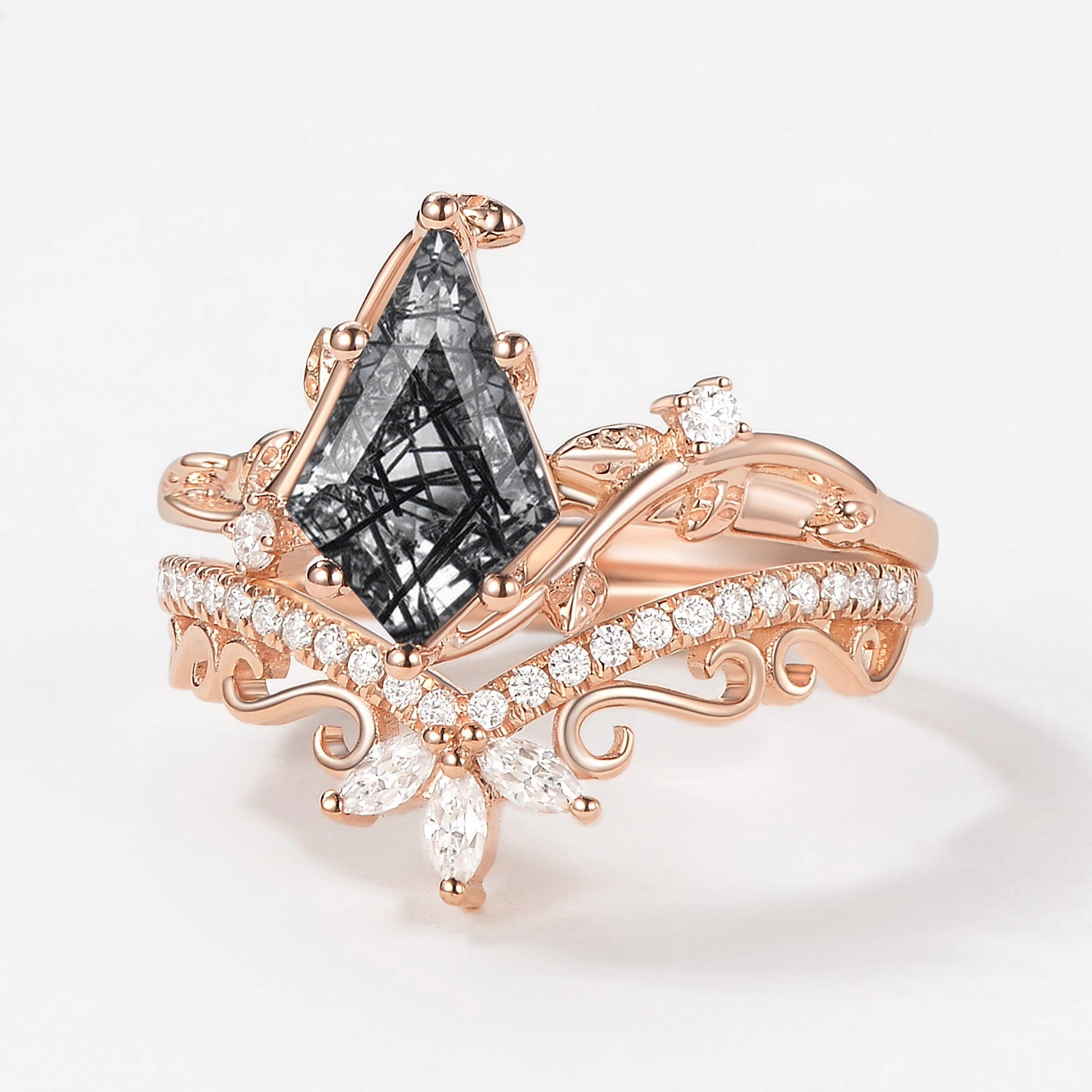 Vintage Kite Cut Black Rutilated Quartz Engagement Ring Set 2pcs - Daniella Smart Casual Captivating Accent