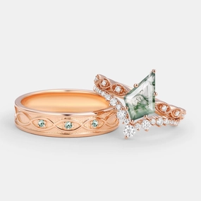 Vintage Kite Cut Moss Agate Couple Ring Set 3pcs - Winona Sculpted Finish