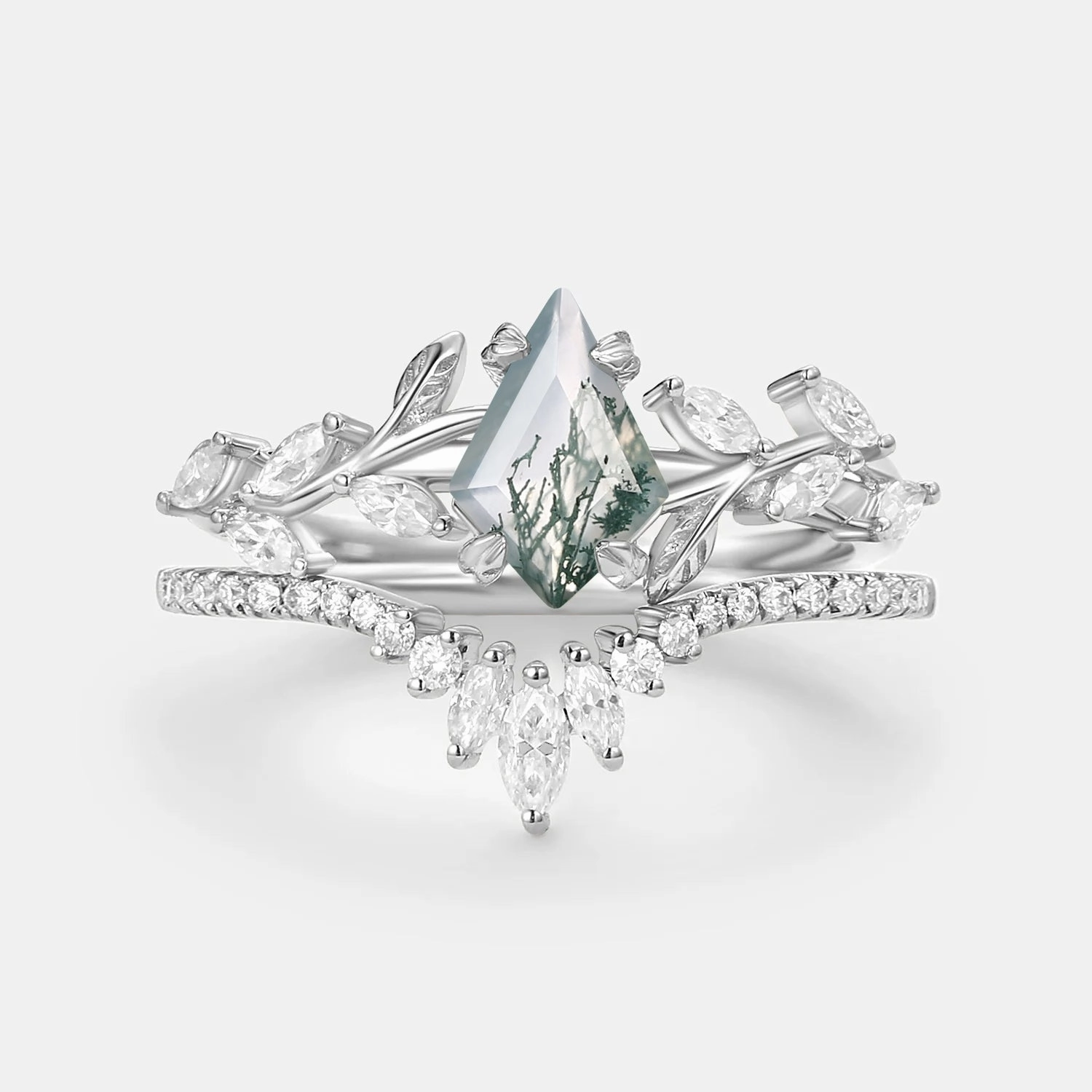 Vintage Kite Cut Moss Agate Leafy Engagement Ring Sets 2pcs - Dart Work Friendly high contrast