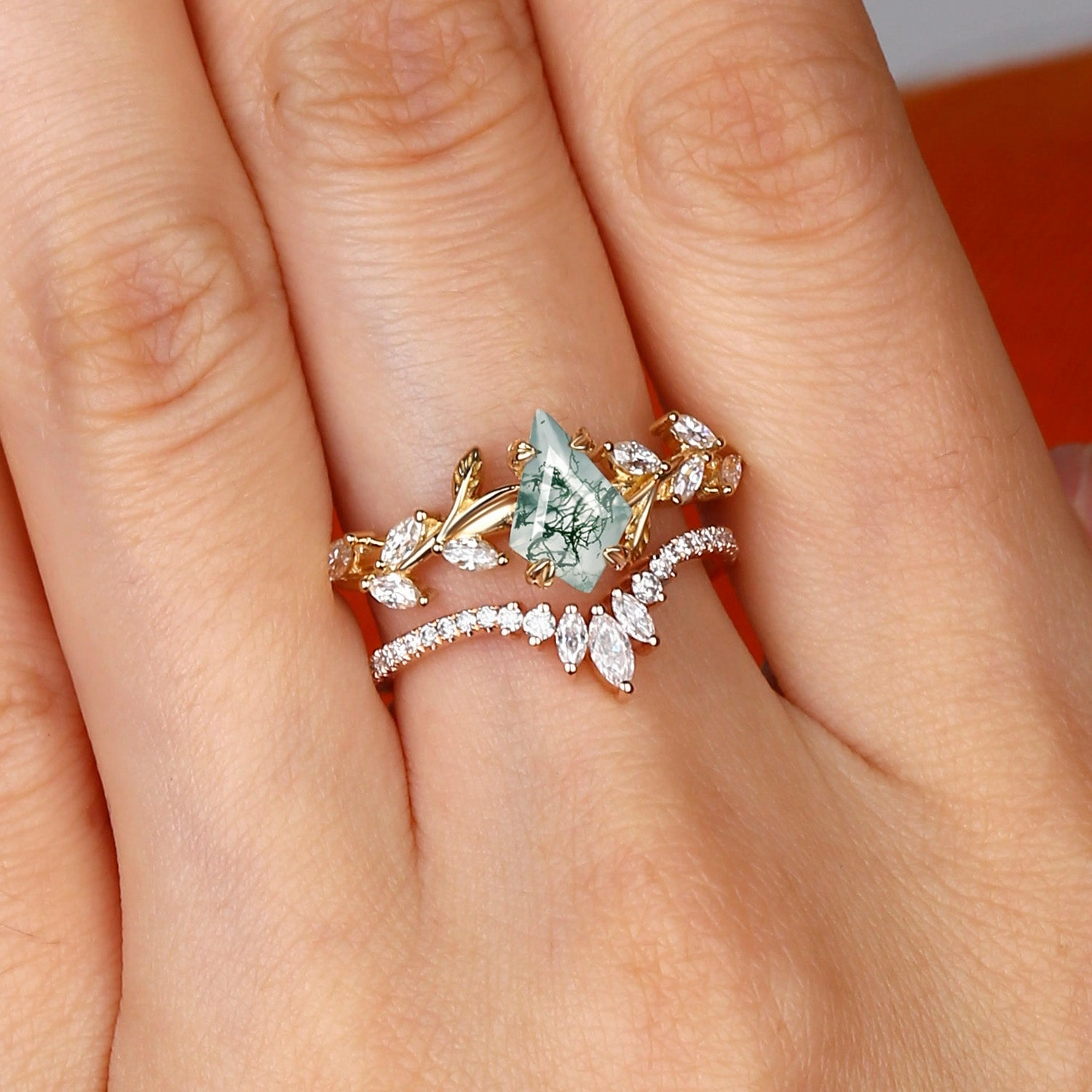 Vintage Kite Cut Moss Agate Leafy Engagement Ring Sets 2pcs - Dart Retro Mood Handcrafted Glam