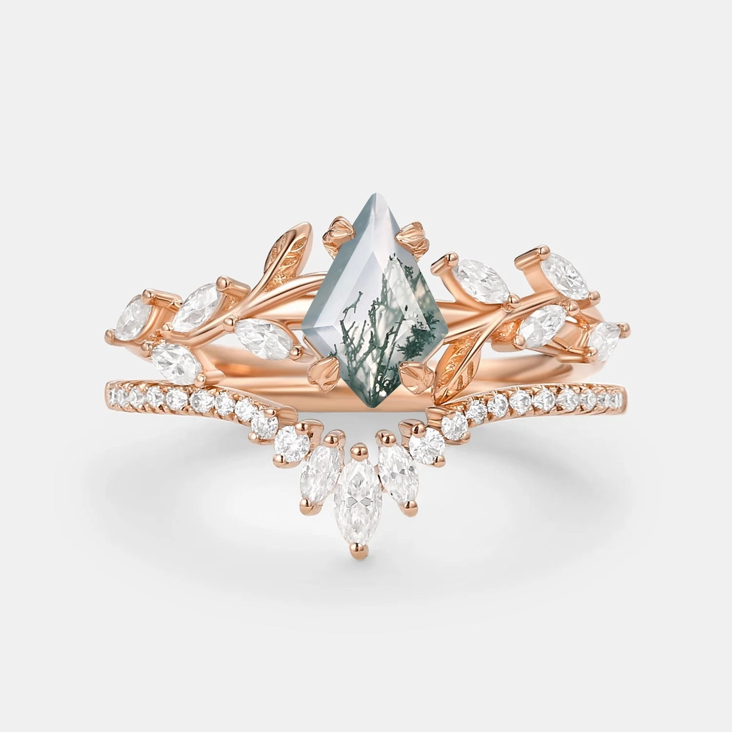 Vintage Kite Cut Moss Agate Leafy Engagement Ring Sets 2pcs - Dart Romantic Date
