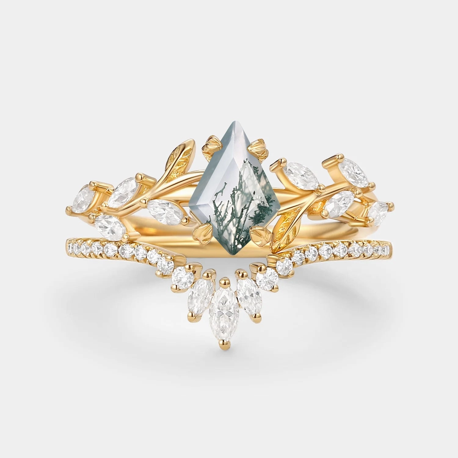 Weekend Chic Vintage Kite Cut Moss Agate Leafy Engagement Ring Sets 2pcs - Dart
