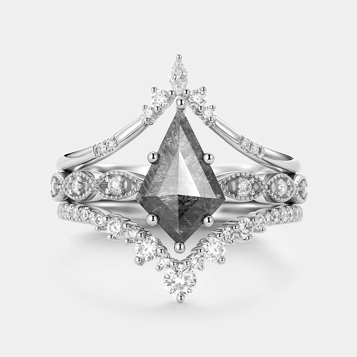 Expressive Accent Style Detail Vintage Kite Cut Salt and Pepper Diamonds Ring Set 3pcs