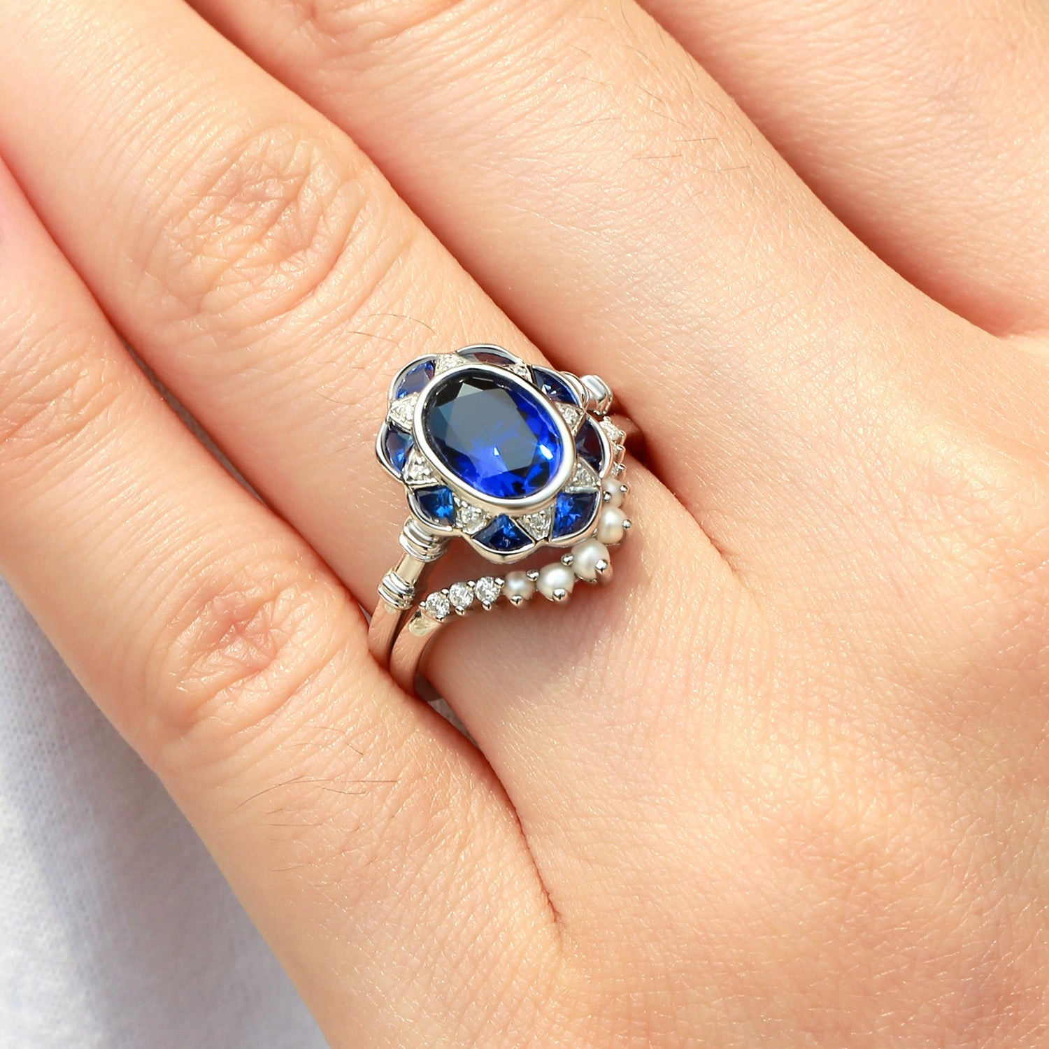 Vintage Lab Sapphire Oval Cut White Gold Ring Sets 2PCS Opulent Look Glamorous Sparkle