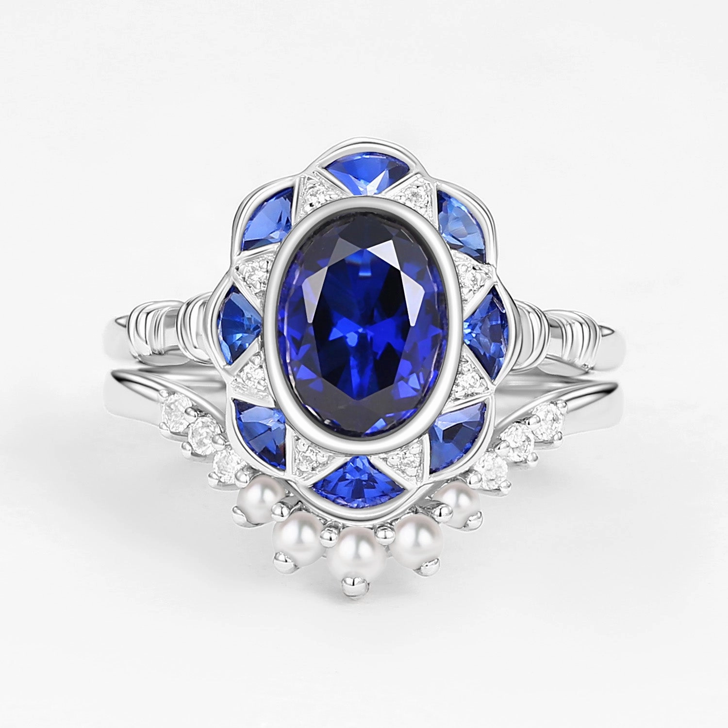 Vintage Lab Sapphire Oval Cut White Gold Ring Sets 2PCS Glam Look Alluring Accent