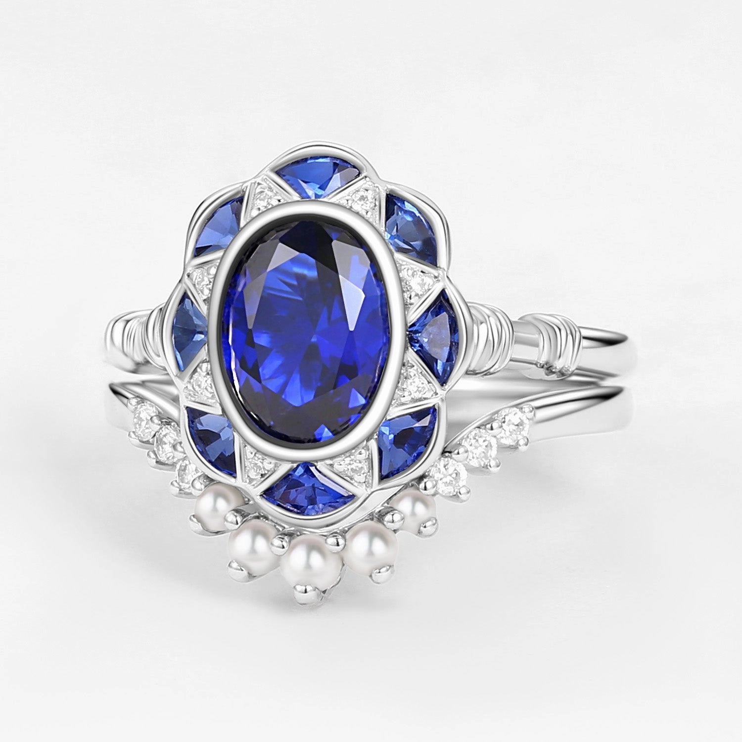 Impeccable Touch Custom Design Pieces Vintage Lab Sapphire Oval Cut White Gold Ring Sets 2PCS