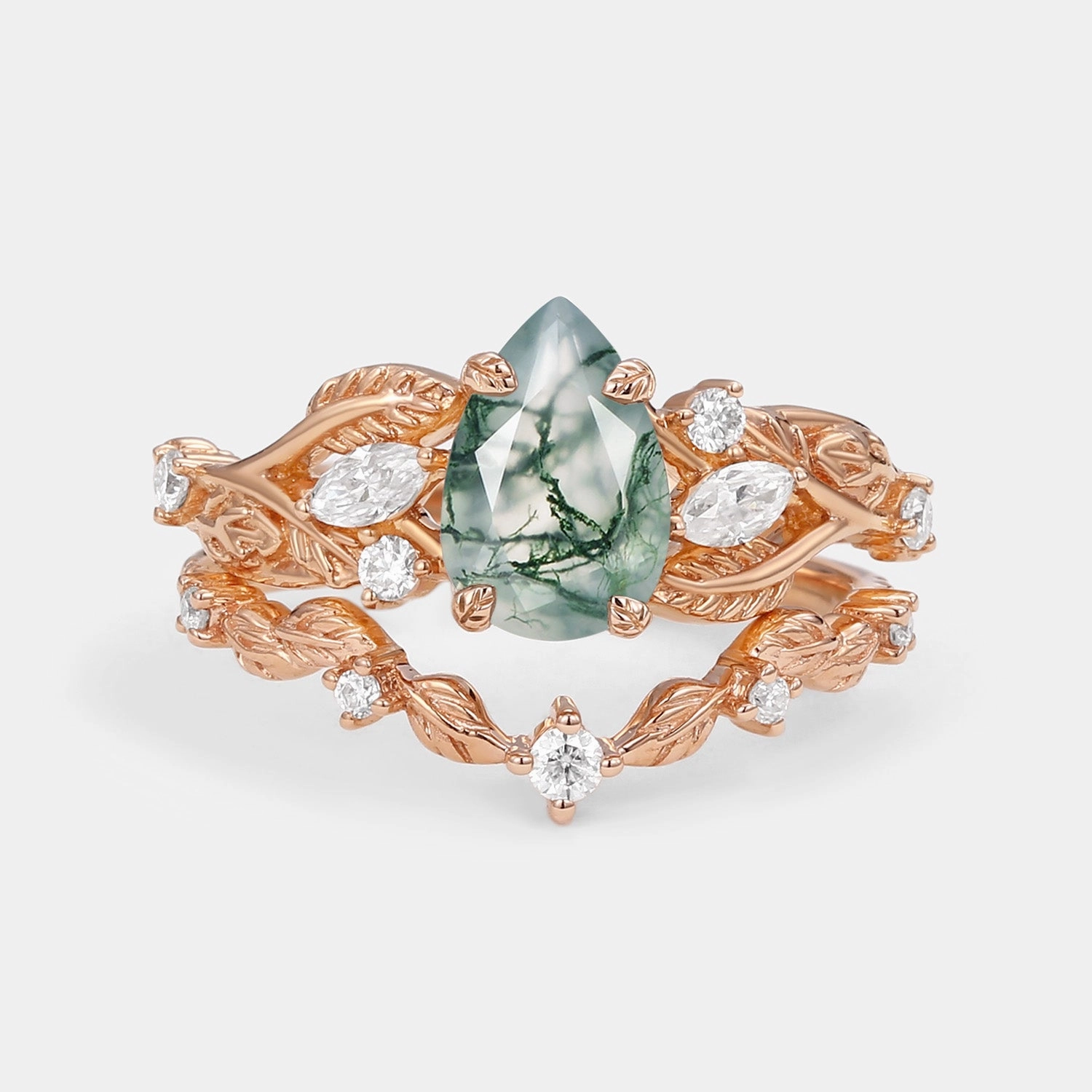 Night Out Vintage Leafy Pear Cut Moss Agate Engagement Ring Sets 2pcs