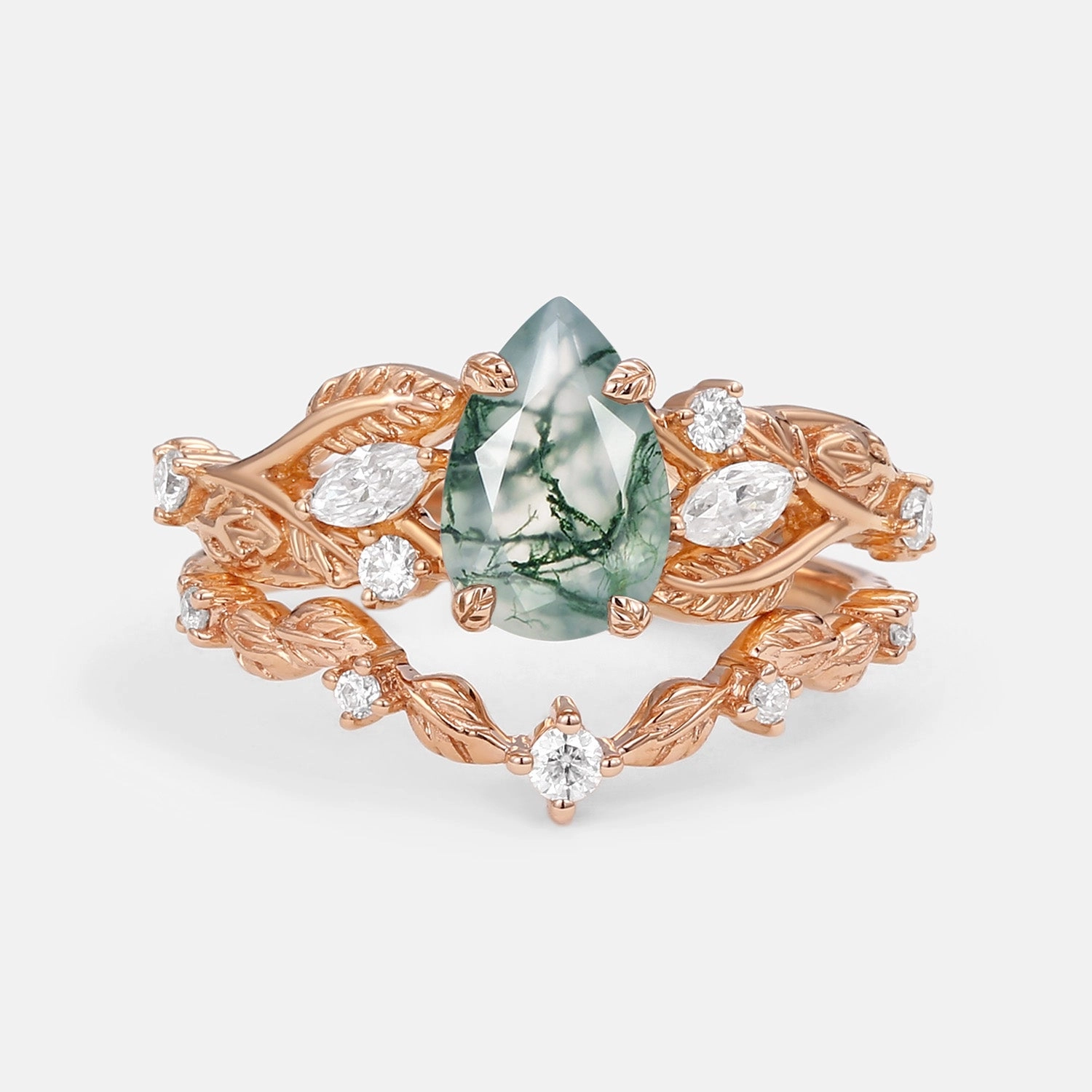 Vintage Leafy Pear Cut Moss Agate Engagement Ring Sets 2pcs Playful Shine
