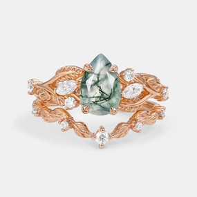 Vintage Leafy Pear Cut Moss Agate Engagement Ring Sets 2pcs Playful Shine