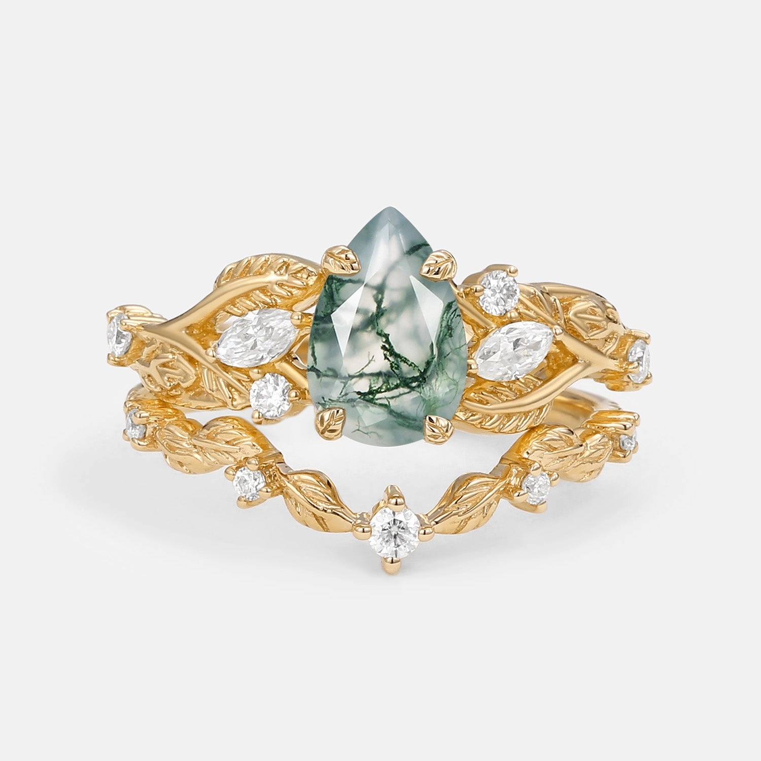 Vintage Leafy Pear Cut Moss Agate Engagement Ring Sets 2pcs Classic Pieces