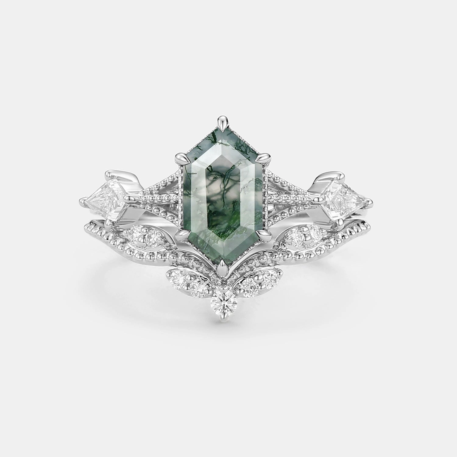 Chic Accessories Vintage Long Hexagon Moss Agate Engagement Ring Set 2pcs