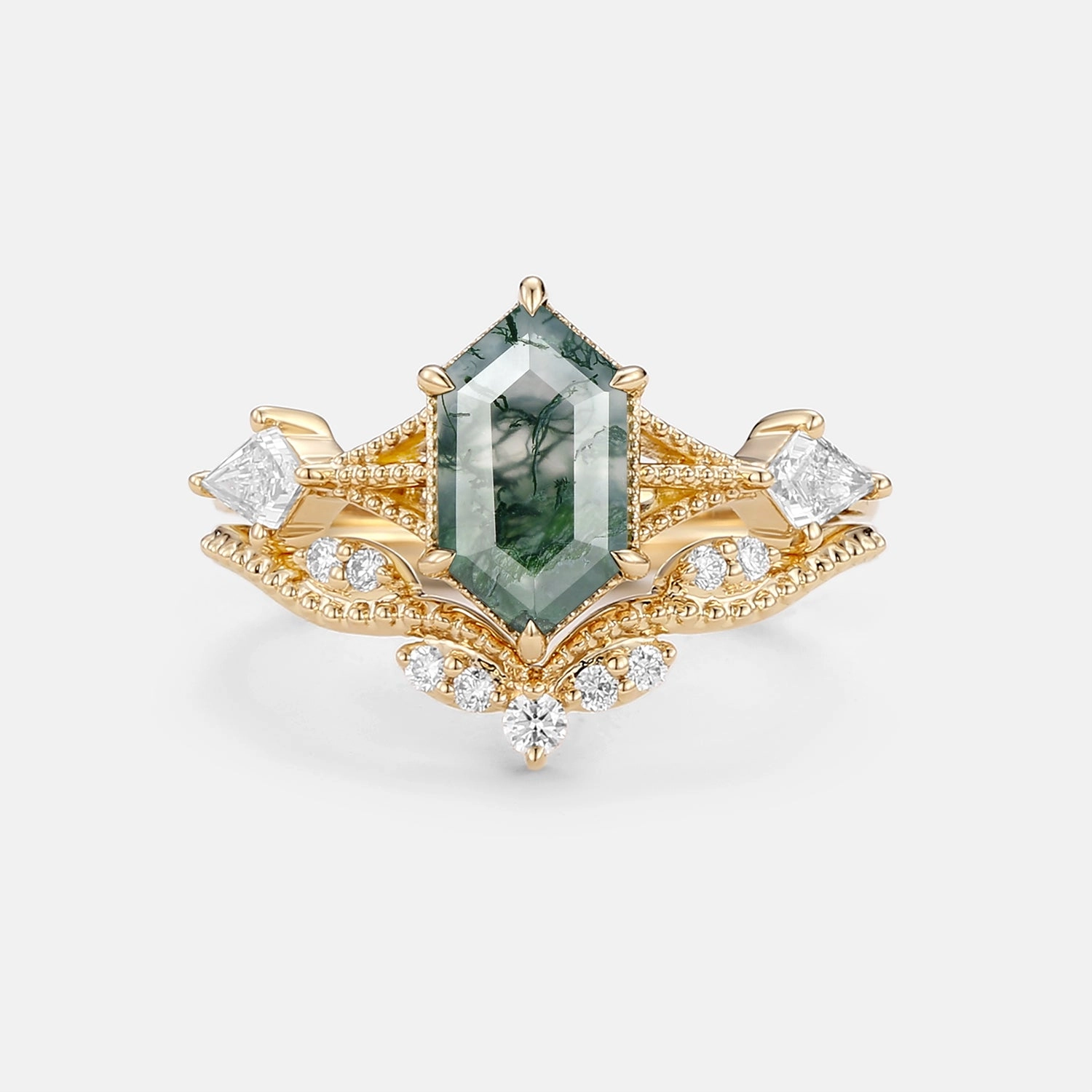 Vintage Long Hexagon Moss Agate Engagement Ring Set 2pcs Clean Style