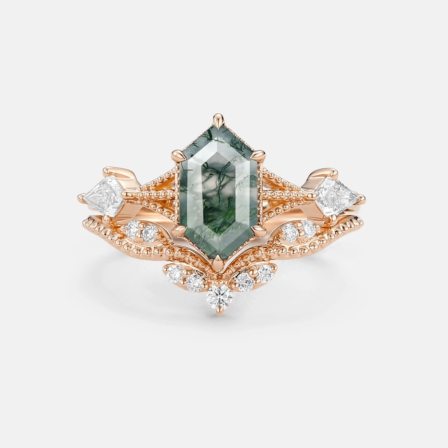 Exquisite Piece Silky feel Vintage Long Hexagon Moss Agate Engagement Ring Set 2pcs