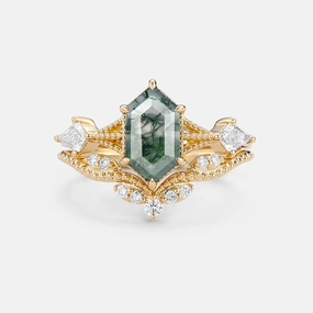 Vintage Long Hexagon Moss Agate Engagement Ring Set 2pcs Effortless Chic Dazzling Jewelry