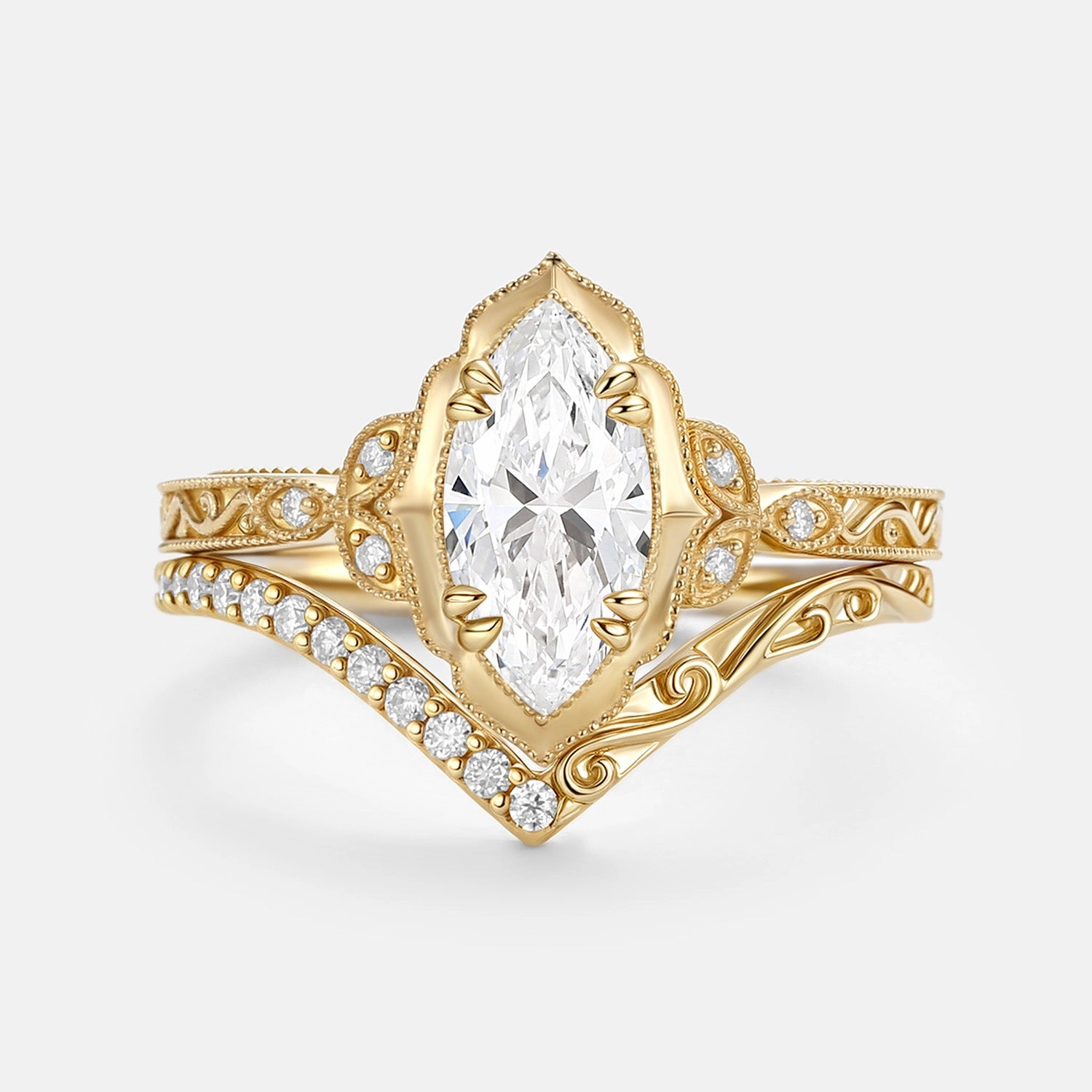 Glamour Effect Timeless Spark Vintage Marquise Lab Grown Diamond Engagement Ring Sets 2pcs