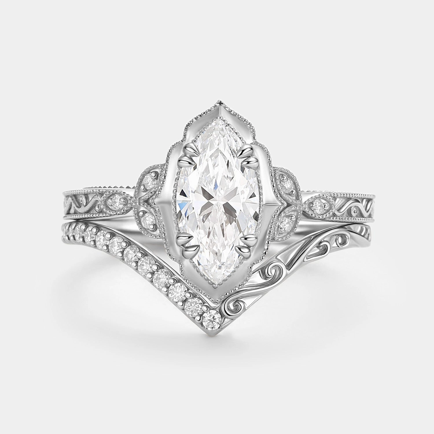 Dainty Design Vintage Marquise Lab Grown Diamond Engagement Ring Sets 2pcs