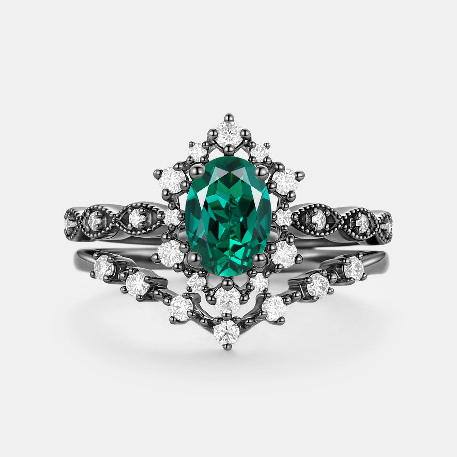 High Shine Vintage Oval Cut Lab Emerald Engagement Ring Sets 2pcs