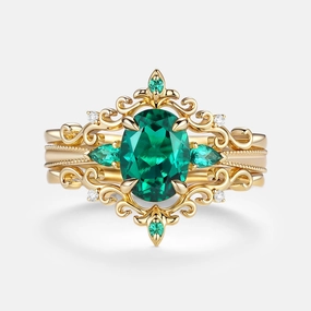Wardrobe Staple Dazzling Finish Vintage Oval Cut Lab Emerald Engagement Ring Sets 3pcs - Foliate