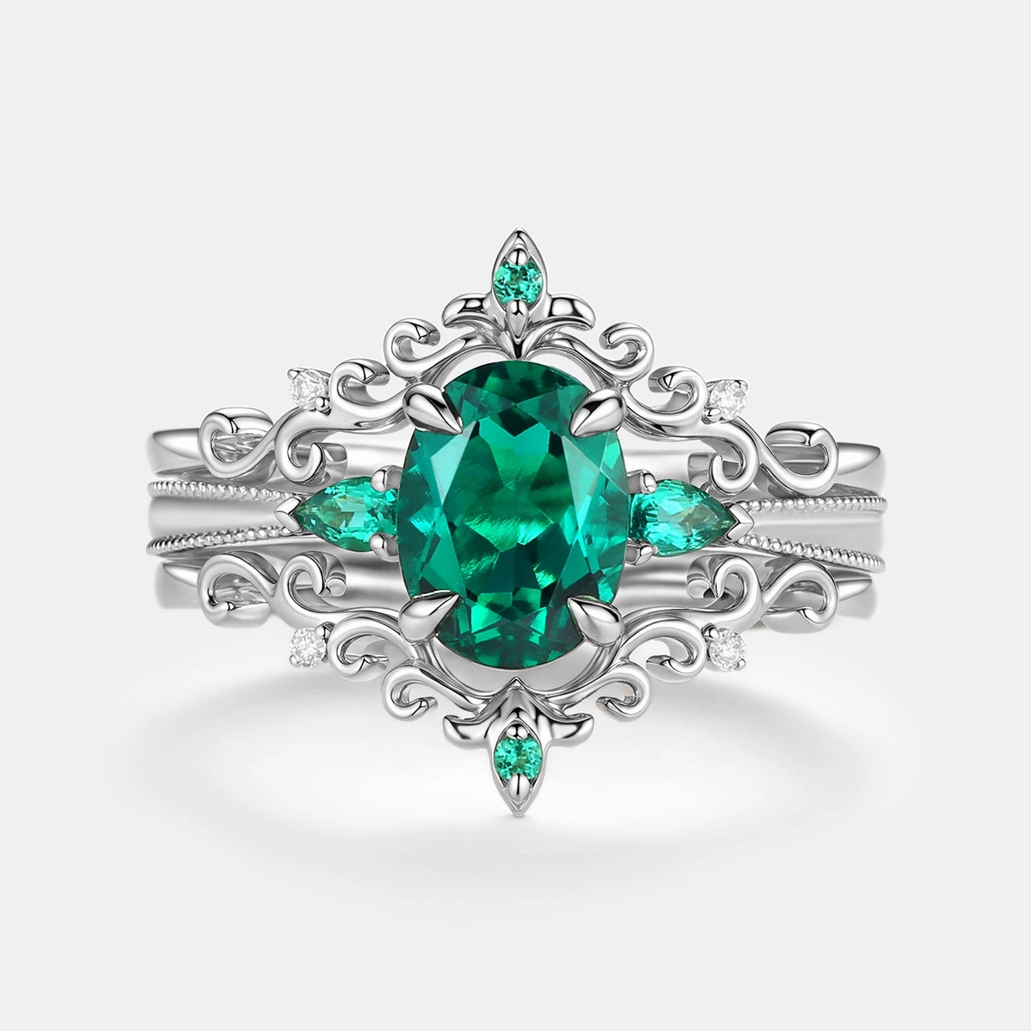 Opulent Sparkle Classic Pop Vintage Oval Cut Lab Emerald Engagement Ring Sets 3pcs - Foliate