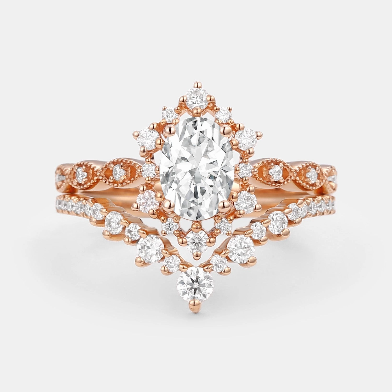 Glamorous Mood Vintage Oval Moissanite Floral Cluster Ring Set 2pcs