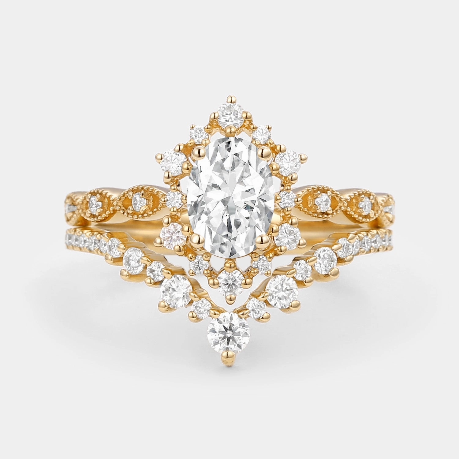 Vintage Oval Moissanite Floral Cluster Ring Set 2pcs Everyday Essential