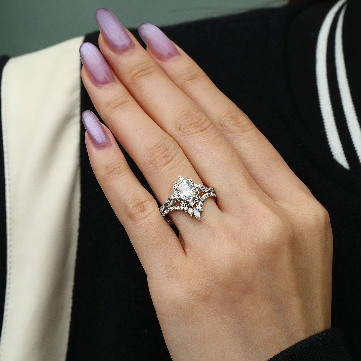 Personal Touch Beauty Fit Vintage Oval Moissanite Infinity Curved Engagement Ring Set 2pcs - Linden