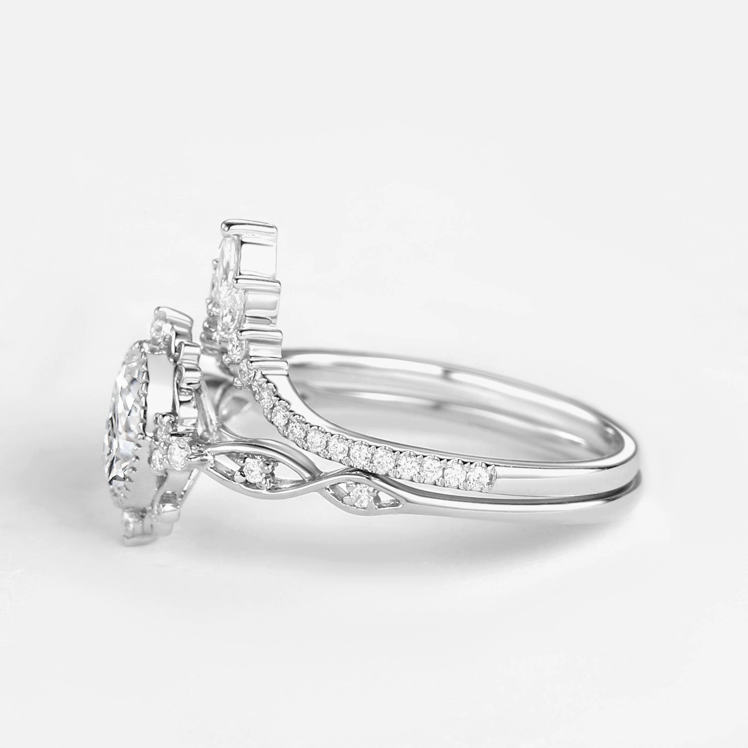 Vintage Oval Moissanite Infinity Curved Engagement Ring Set 2pcs - Linden Clean Accent