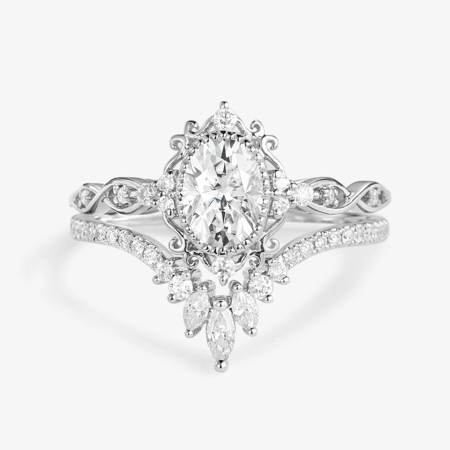 Vintage Oval Moissanite Infinity Curved Engagement Ring Set 2pcs - Linden Refined Flow Minimal Spark