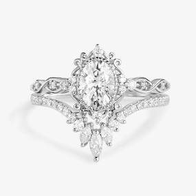 Vintage Oval Moissanite Infinity Curved Engagement Ring Set 2pcs - Linden Refined Flow Minimal Spark
