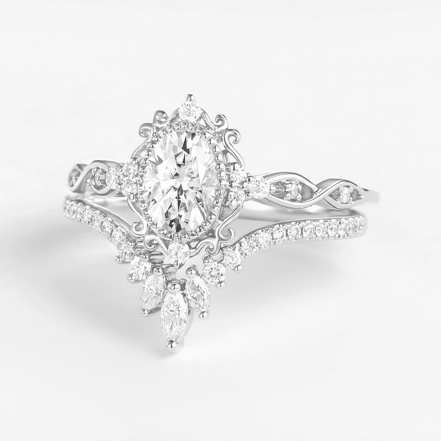 Showstopper Look True Touch Vintage Oval Moissanite Infinity Curved Engagement Ring Set 2pcs - Linden