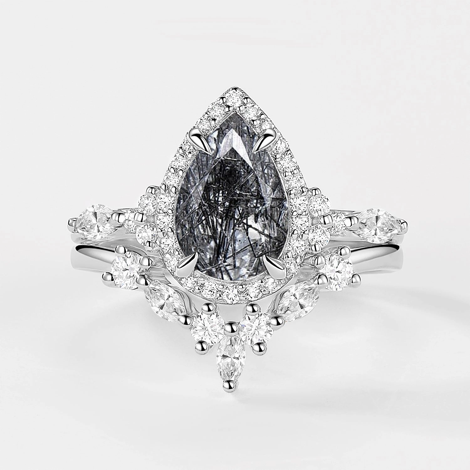 Glossy Accent Vintage Pear Cut Black Rutilated Quartz Halo Ring Set 2pcs